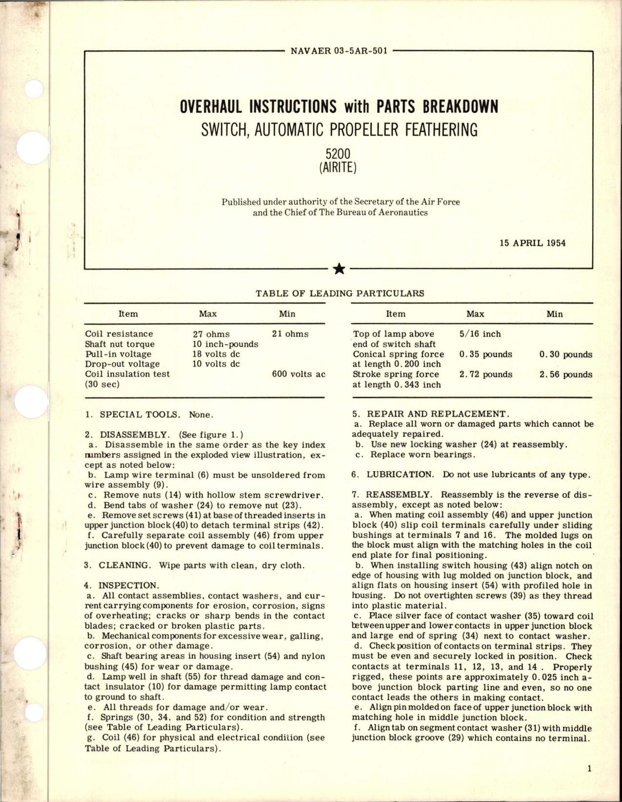 Sample page 1 from AirCorps Library document: Overhaul Instructions with Parts Breakdown for Automatic Propeller Feathering Switch - 5200