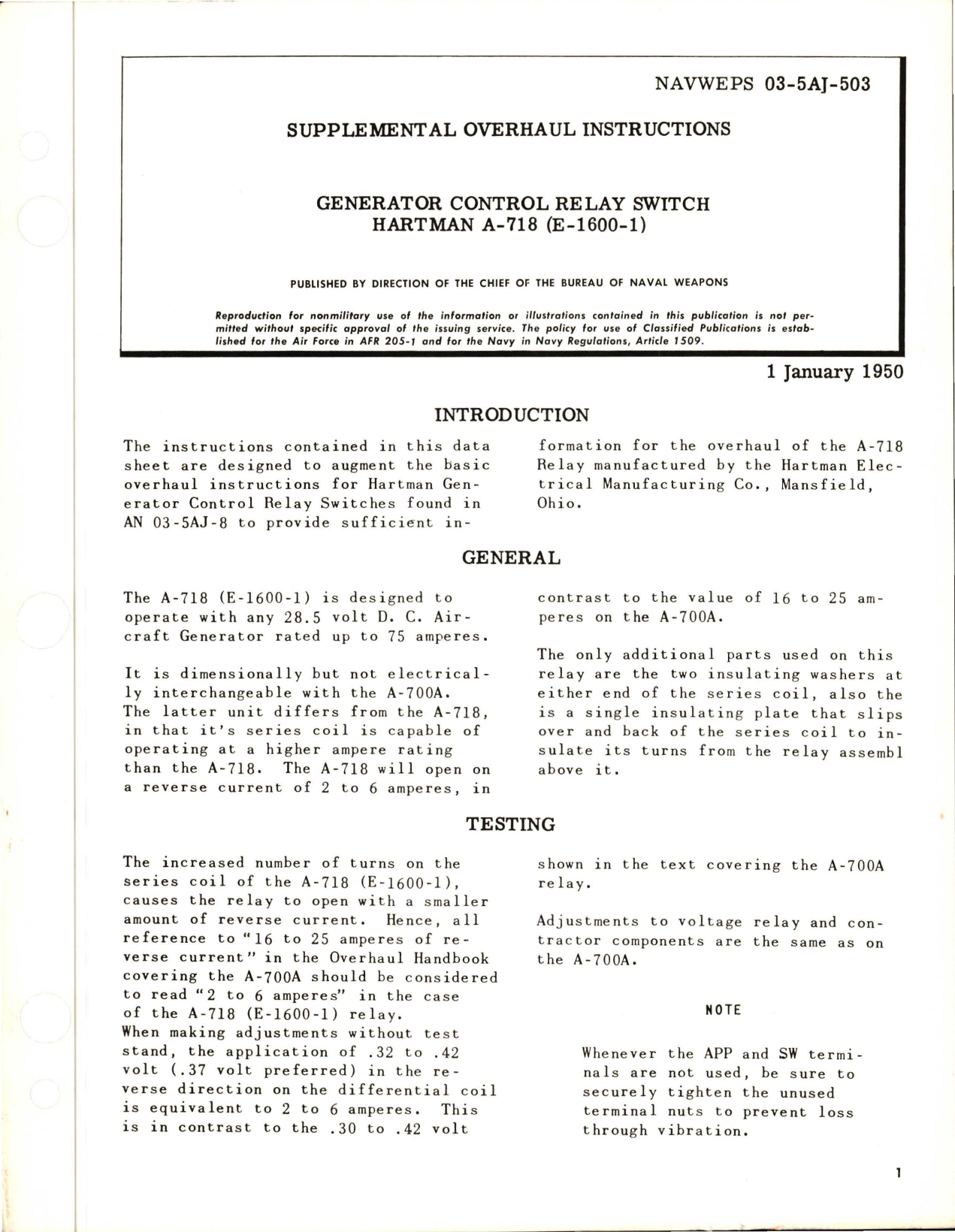 Sample page 1 from AirCorps Library document: Supplemental Overhaul Instructions for Generator Control Relay Switch - A-718, E-1600-1
