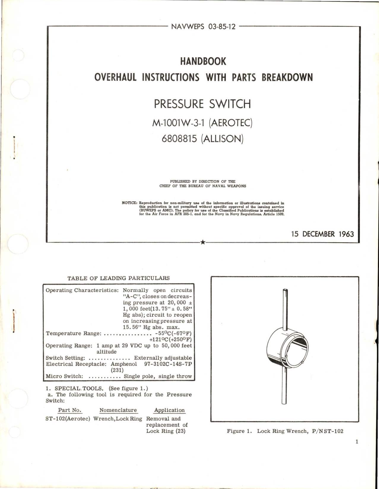 Sample page 1 from AirCorps Library document: Overhaul Instructions with Parts Breakdown for Pressure Switch - M-1001W-3-1 (Aerotec) - 6808815 (Aerotec)