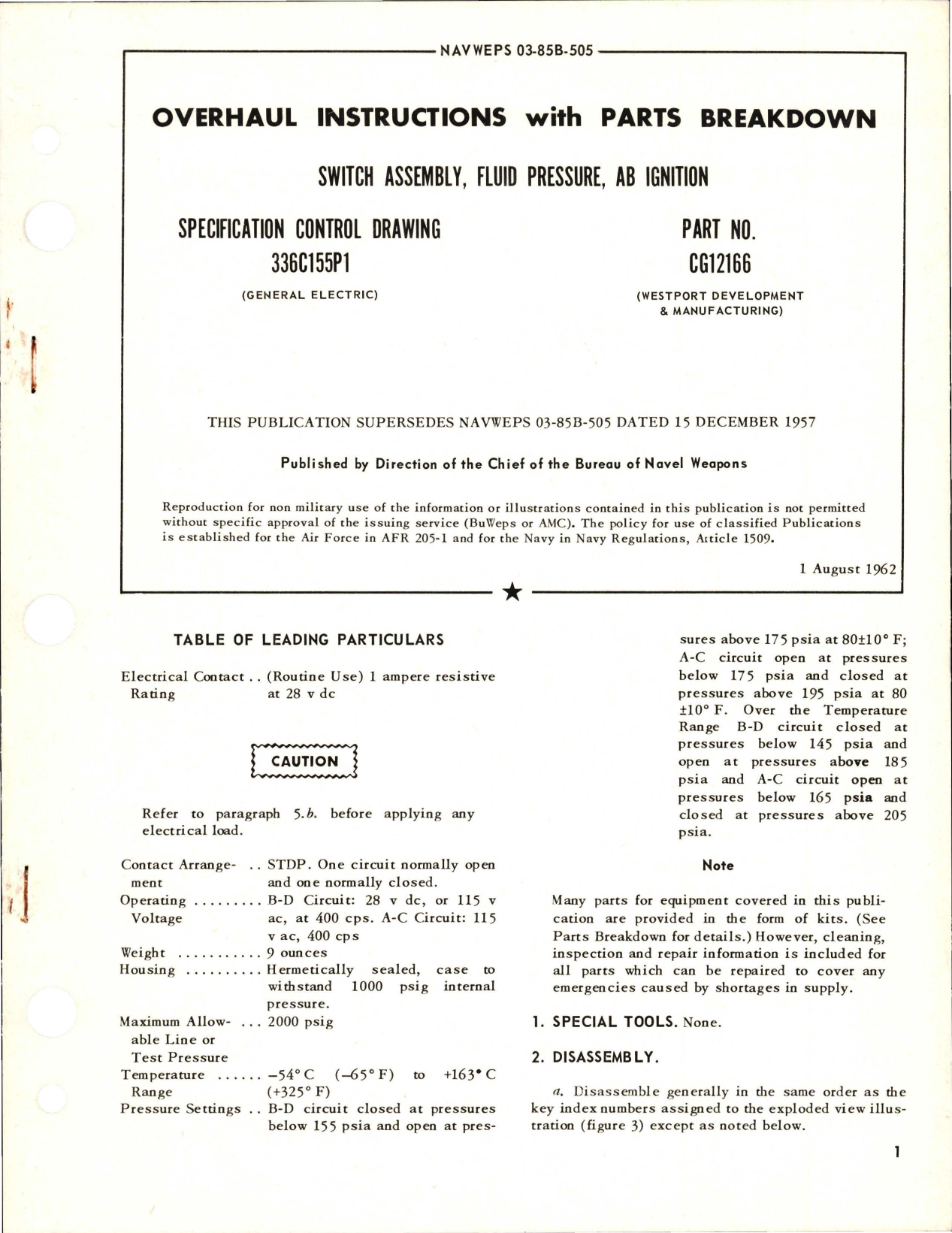 Sample page 1 from AirCorps Library document: Overhaul Instructions with Parts for AB Ignition Fluid Pressure Switch Assembly - Specification 336C155P1 - Part CG12166