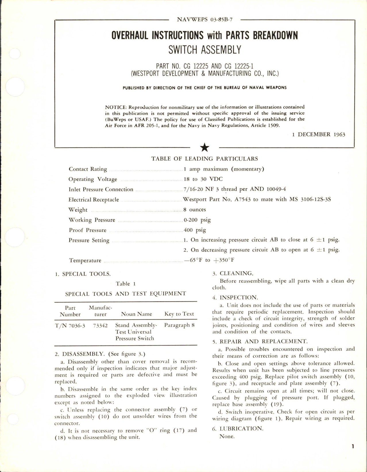 Sample page 1 from AirCorps Library document: Overhaul Instruction with Parts Breakdown for Switch Assembly - Parts CG 12225 and CG 12225-1