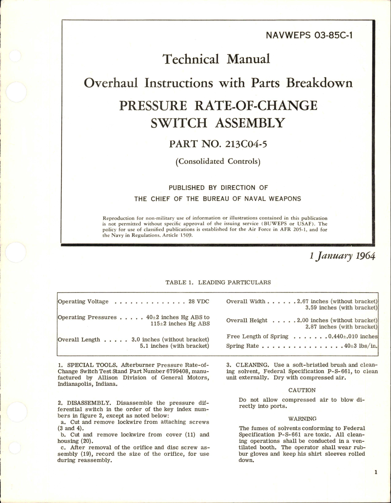 Sample page 1 from AirCorps Library document: Overhaul Instructions with Parts Breakdown for Pressure Rate-of-Change Switch Assembly - Part 213C04-5 