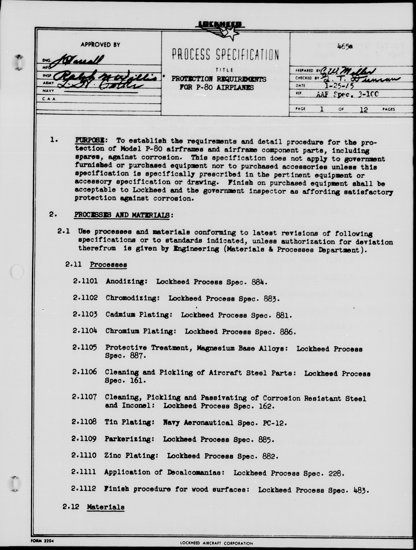 Sample page 1 from AirCorps Library document: Process Specification on Protection Requirements for P-80 Airplanes