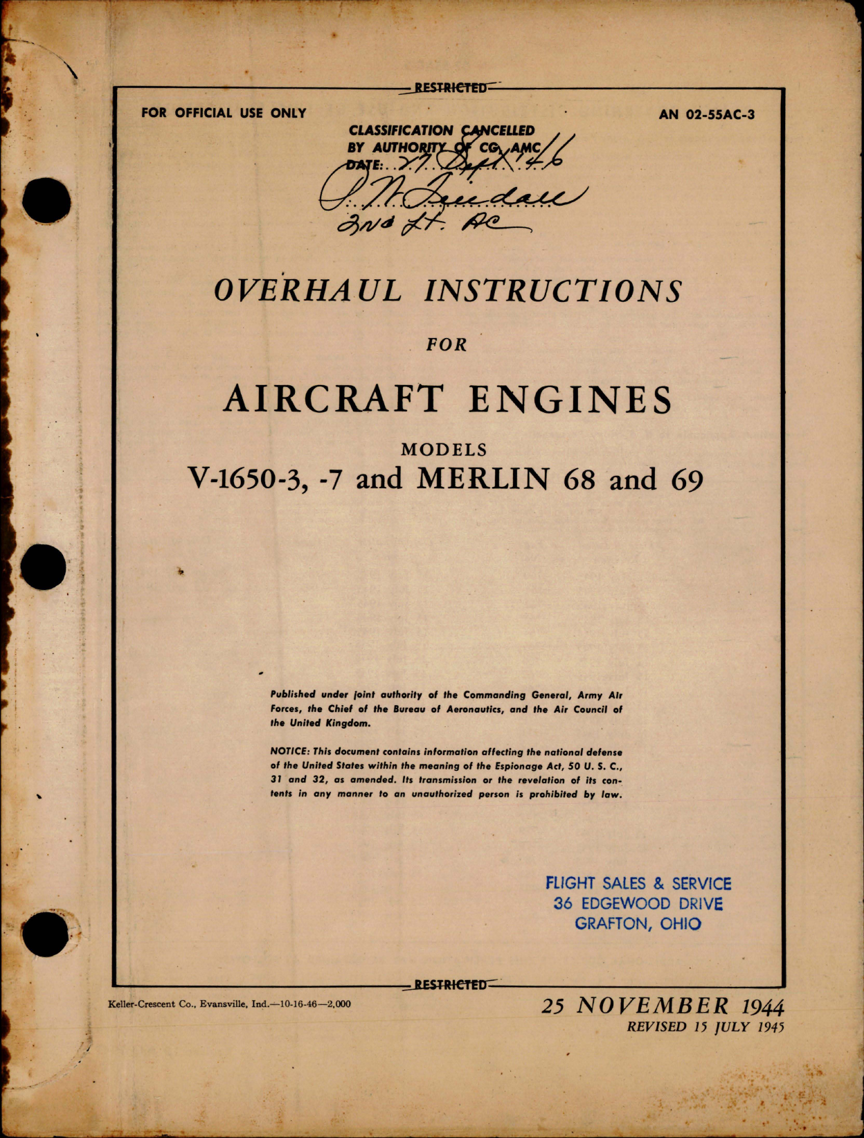 Sample page 1 from AirCorps Library document: Overhaul Instructions for Aircraft Engines - V-1650-3, V-1650-7, Merlin 68 and 69