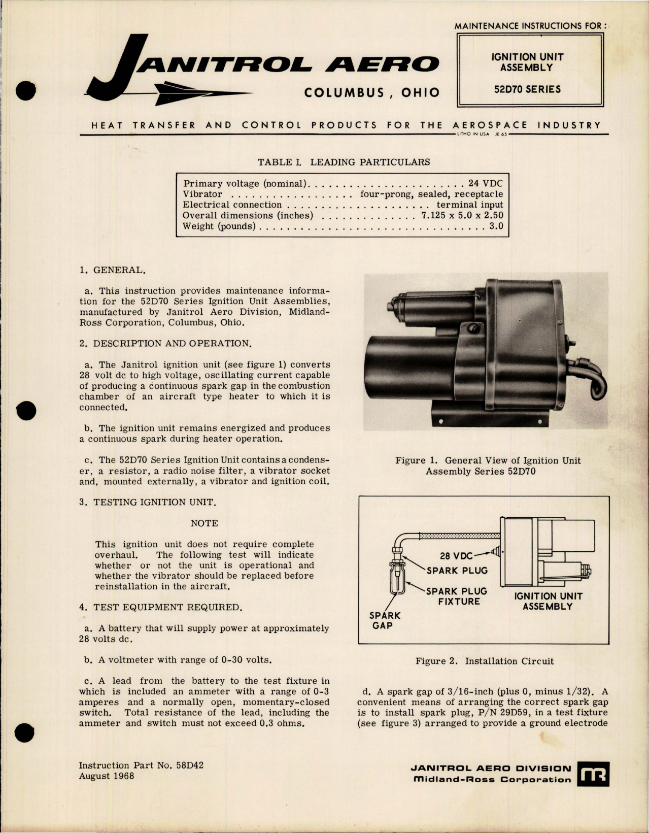 Sample page 1 from AirCorps Library document: Maintenance Instructions for Ignition Unit Assembly - Series 54D70 