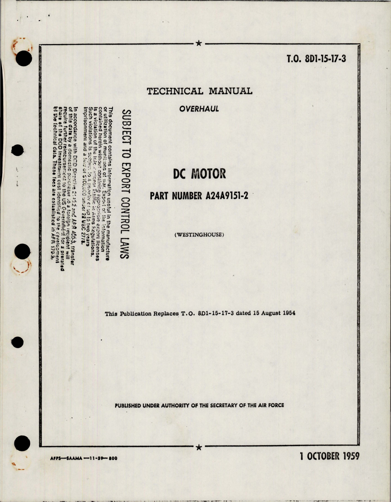 Sample page 1 from AirCorps Library document: Overhaul Instructions for DC Motor Part A24A9151-2 (Westinghouse