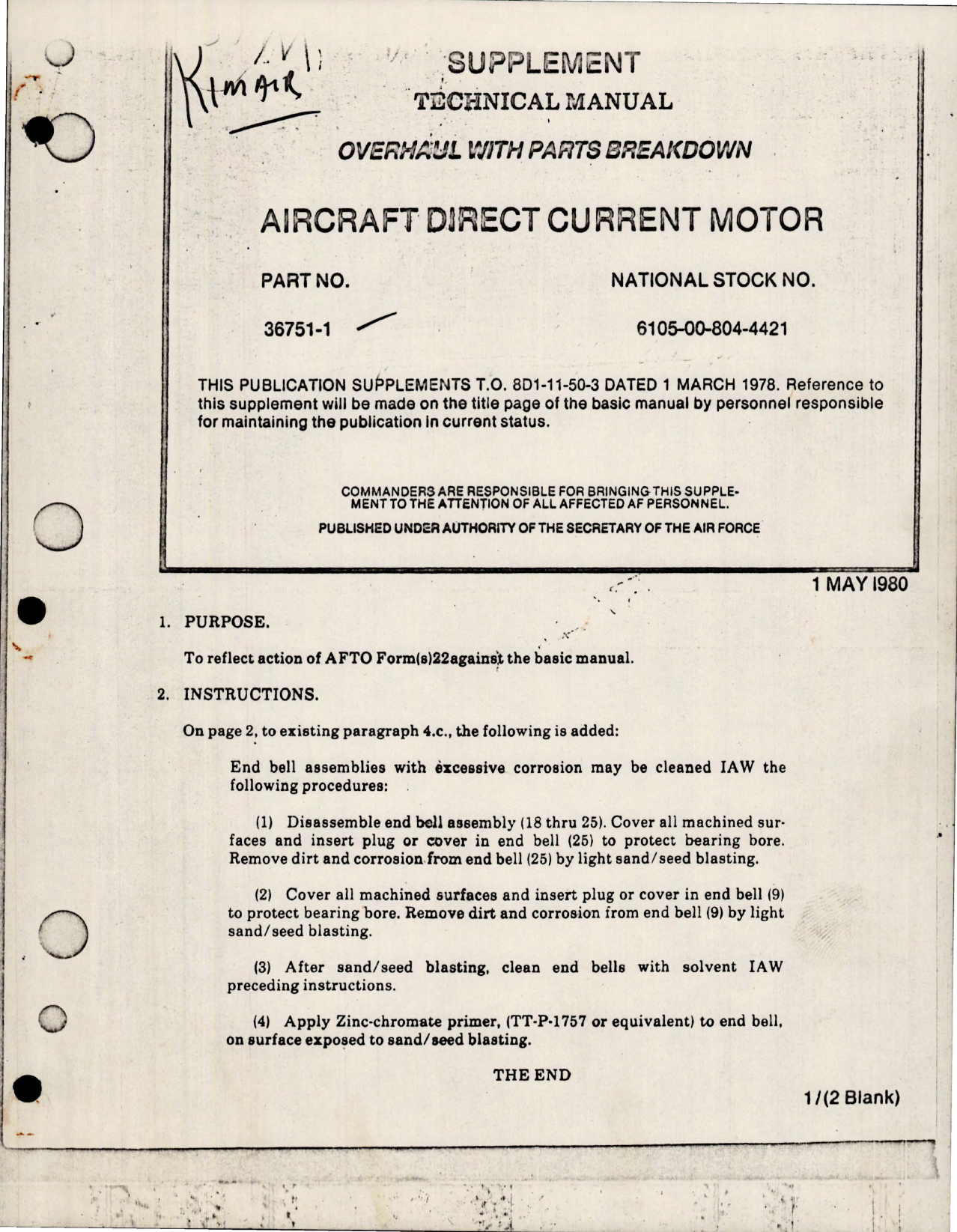 Sample page 1 from AirCorps Library document: Supplement to Overhaul with Parts Breakdown for Aircraft Direct Current Motor - Part 36751-1
