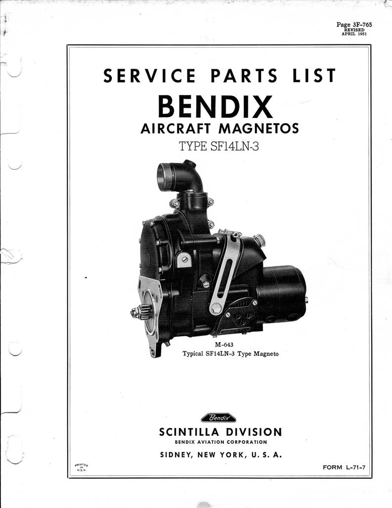 Service Parts List for Bendix Scintilla Type SF14LN3 M