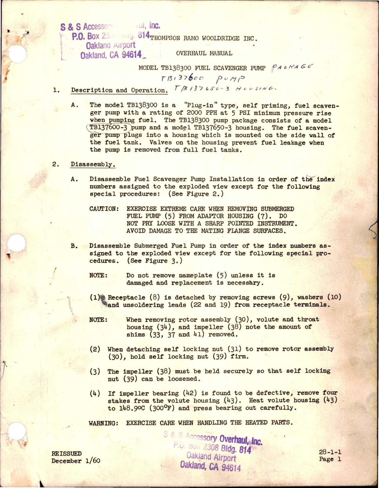 Sample page 1 from AirCorps Library document: Overhaul Manual for Fuel Scavenger Pump - Model TB138300