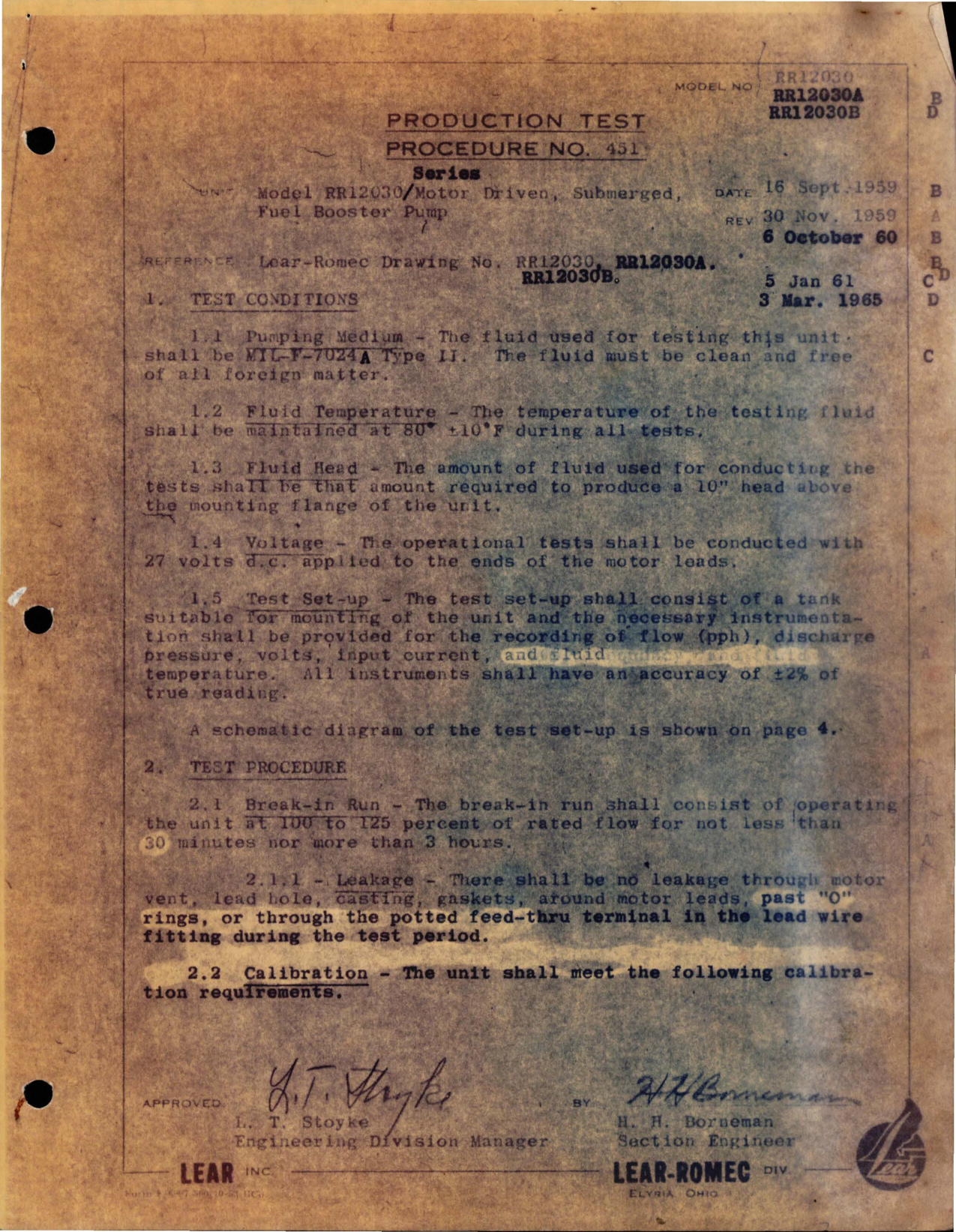 Sample page 1 from AirCorps Library document: Production Test for Motor Driven, Submerged Fuel Booster Pump - Model RR12030 Series