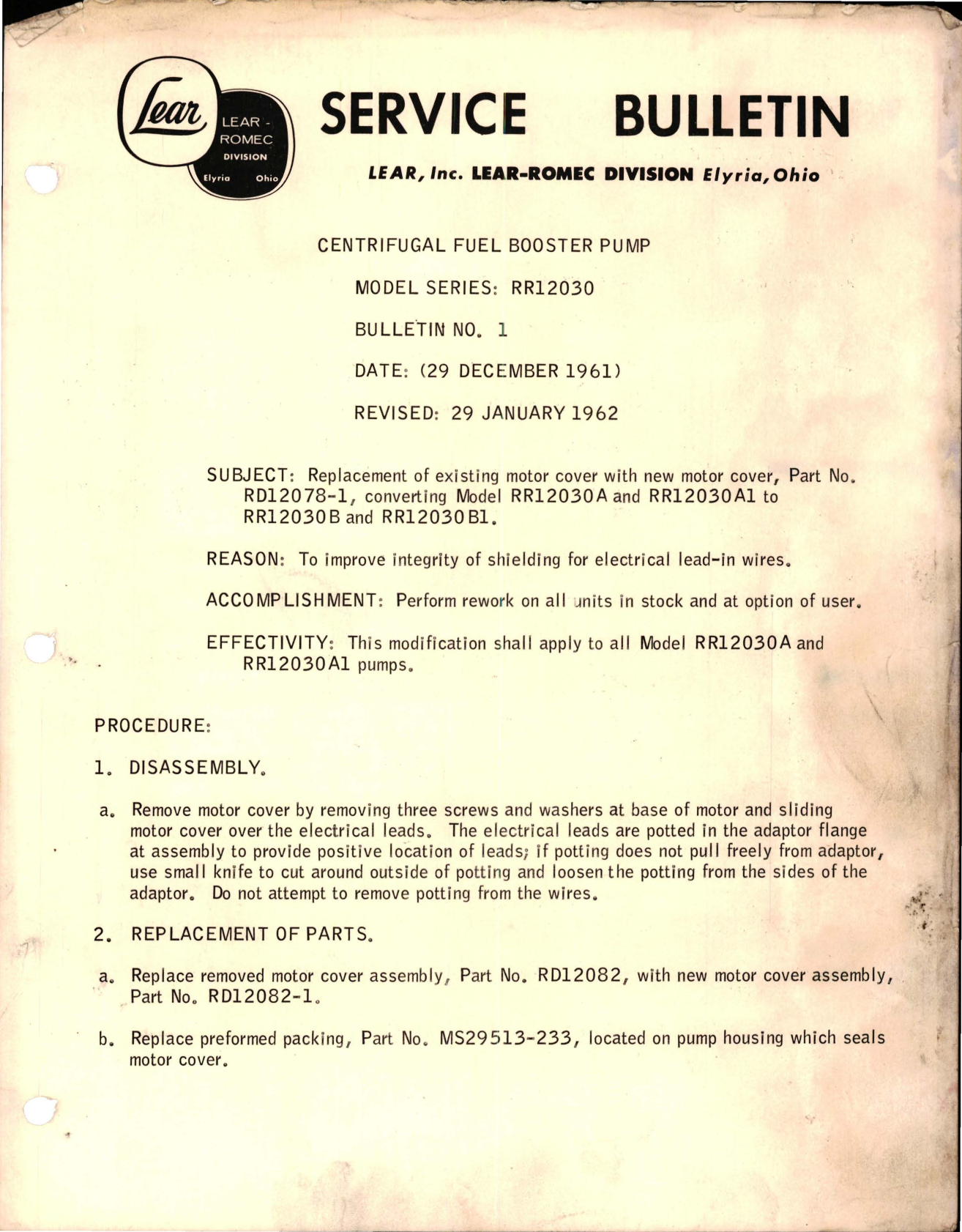 Sample page 1 from AirCorps Library document: Replacement of Existing Motor Cover with New Motor Cover on Centrifugal Fuel Booster Pump - Part RD12078-1