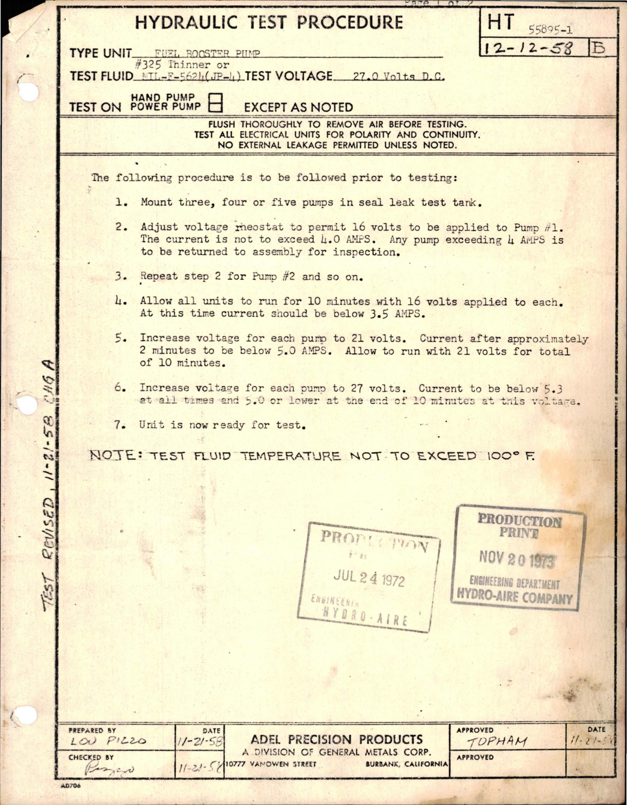 Sample page 1 from AirCorps Library document: Hydraulic Test Procedure for Fuel Booster Pump 