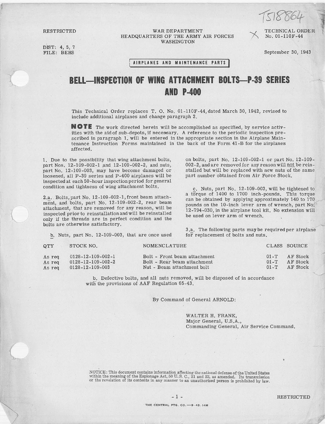 Sample page 1 from AirCorps Library document: Inspection of Wing Attachment Bolts for P-39 Series and P-400