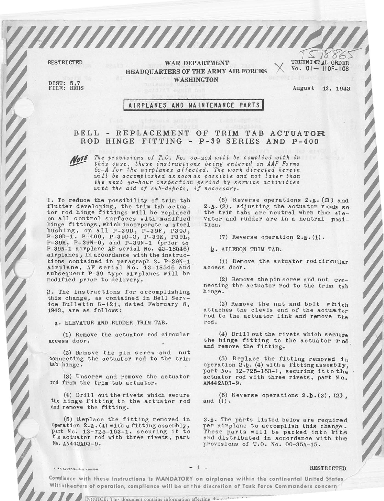 Sample page 1 from AirCorps Library document: Replacement of Trim Tab Actuator Rod Hinge Fitting for P-39 Series and P-400