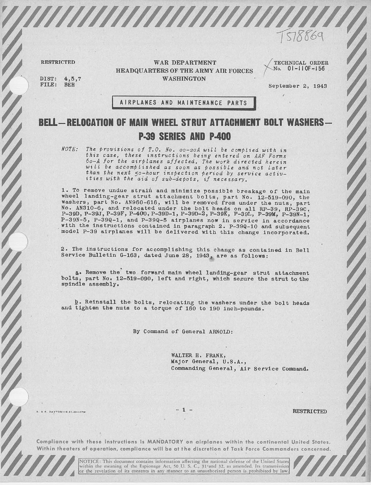 Sample page 1 from AirCorps Library document: Relocation of Main Wheel Strut Attachment Bolt Washers for P-39 Series and P-400