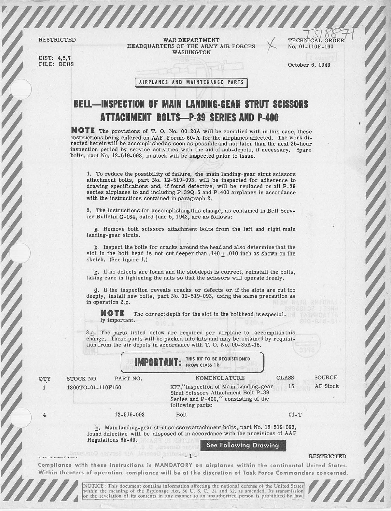 Sample page 1 from AirCorps Library document: Inspection of Main Landing Gear Strut Scissors Attachment Bolts for P-39 Series and P-400