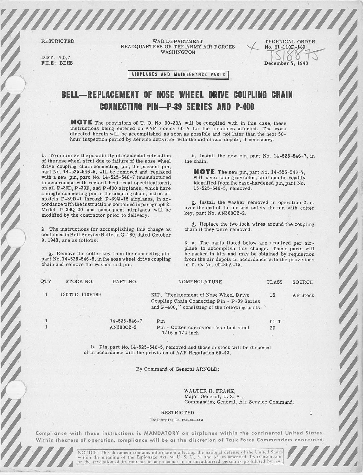 Sample page 1 from AirCorps Library document: Replacement of Nose Wheel Drive Coupling Chain Connecting Pin for P-39 Series and P-400