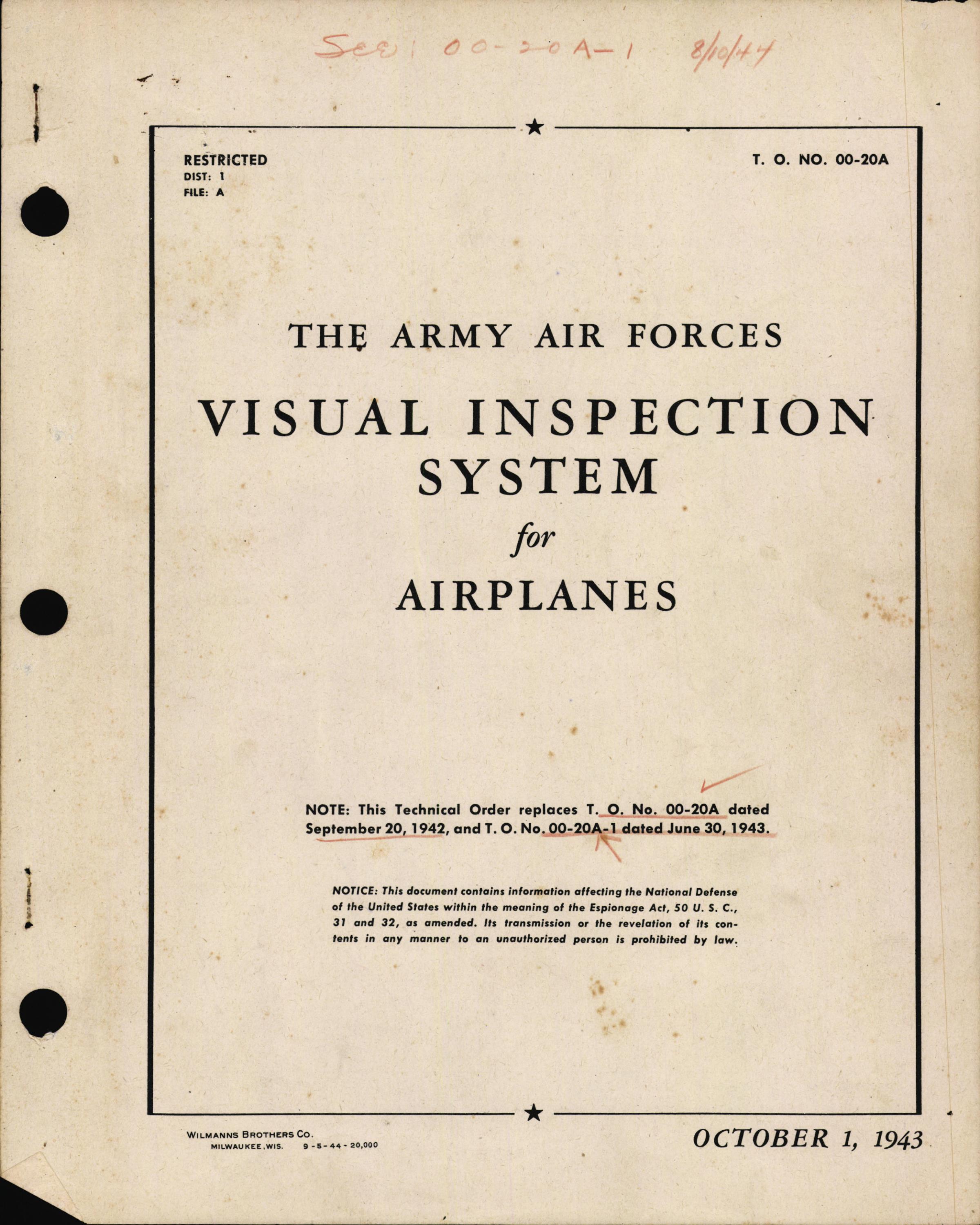 Sample page 1 from AirCorps Library document: The Army Air Forces Visual Inspection System for  Airplanes