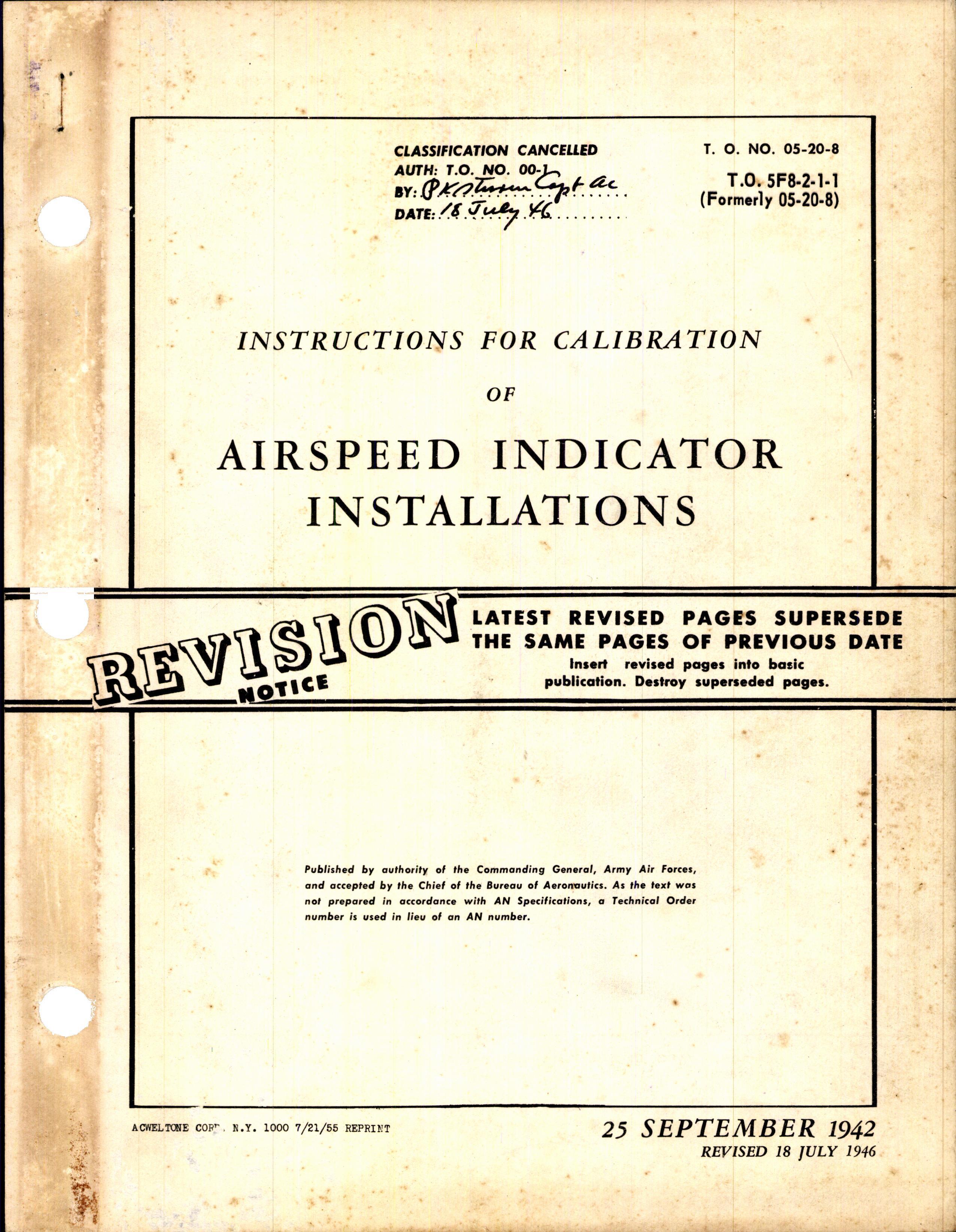 Sample page 1 from AirCorps Library document: Instructions for Calibration of Airspeed Indicator Installations