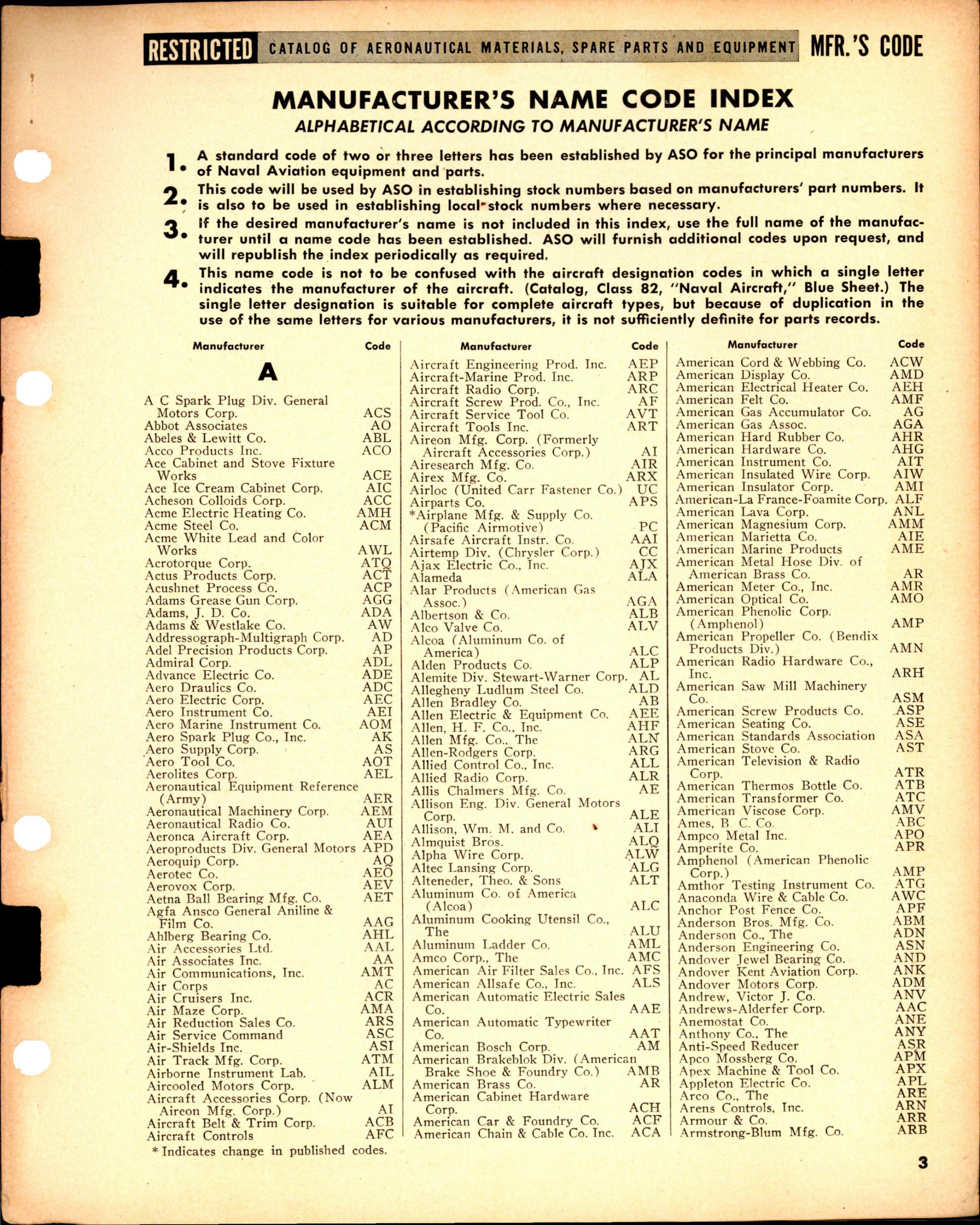 Sample page 3 from AirCorps Library document: Construction of Local Stock Numbers - Mfr's Name Code Index