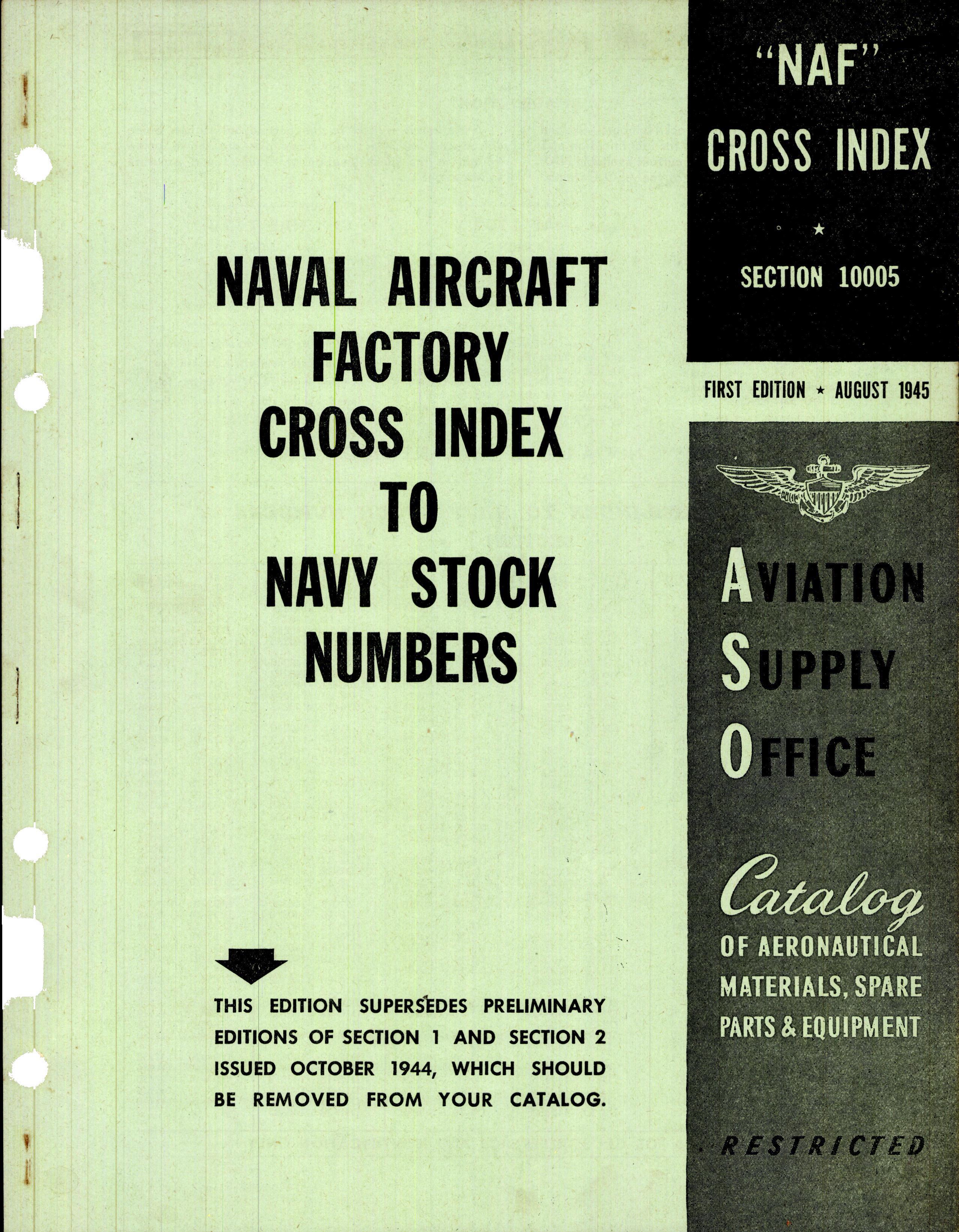 Sample page 1 from AirCorps Library document: Naval Aircraft Factory Cross Index to Navy Stock Numbers
