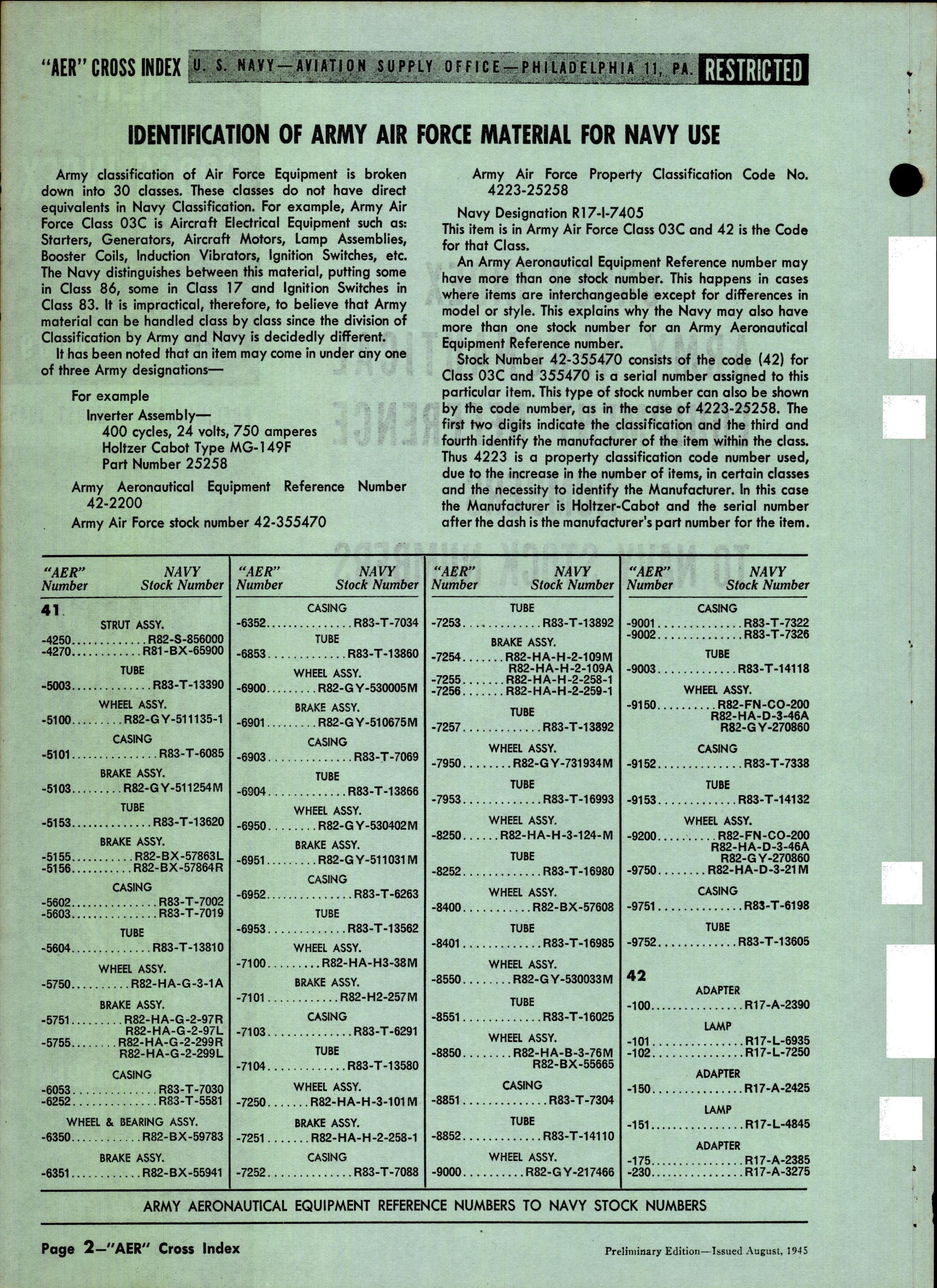 Sample page 2 from AirCorps Library document: Cross Index Army Aeronautical Equipment Reference Numbers to Navy Stock Numbers