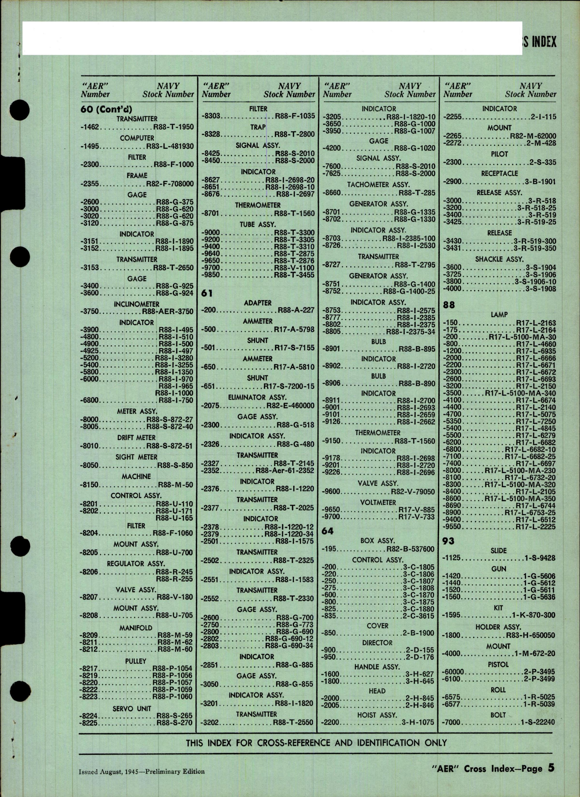 Sample page 5 from AirCorps Library document: Cross Index Army Aeronautical Equipment Reference Numbers to Navy Stock Numbers