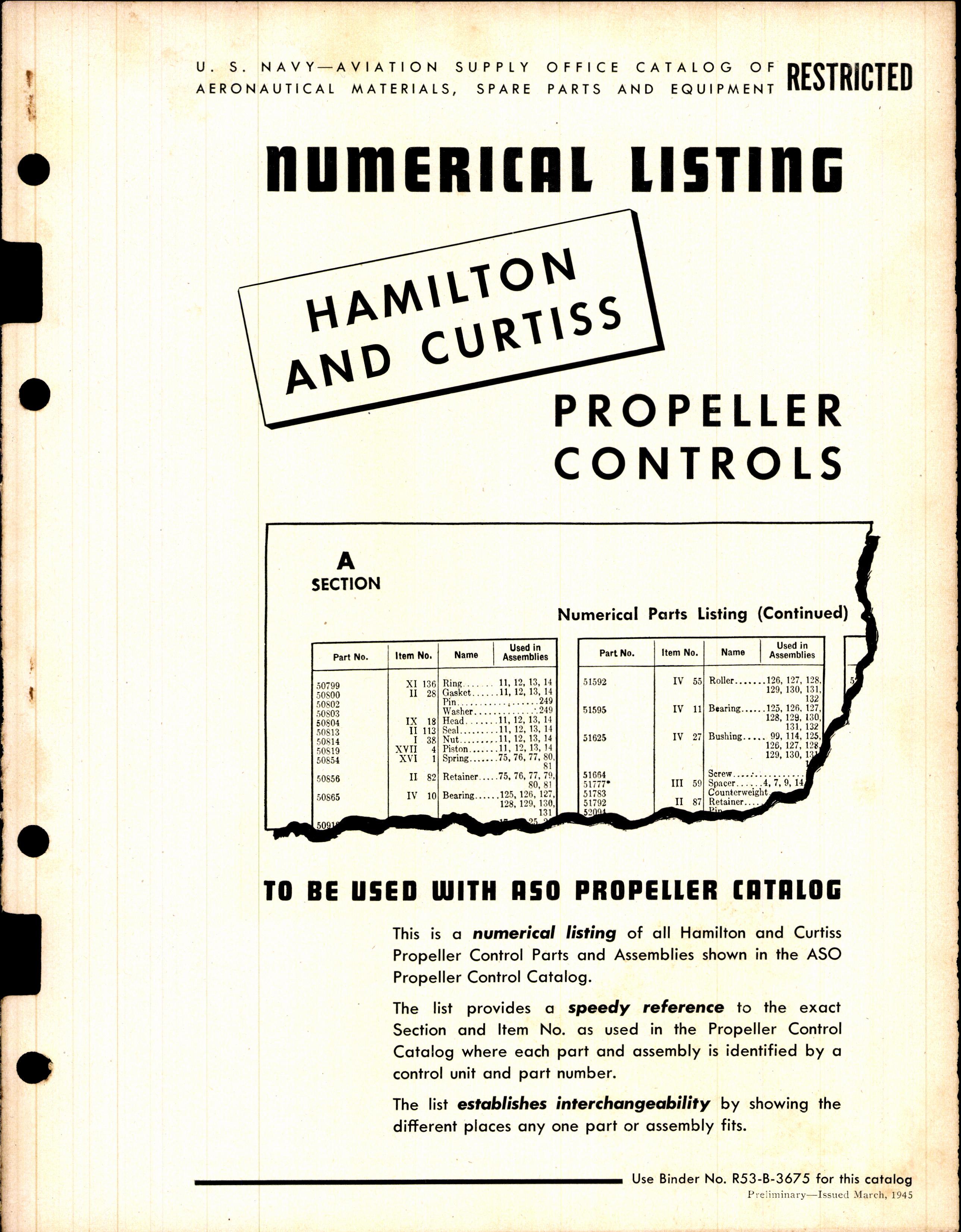 Sample page 1 from AirCorps Library document: Numerical Listing, Hamilton and Curtiss Propeller Controls
