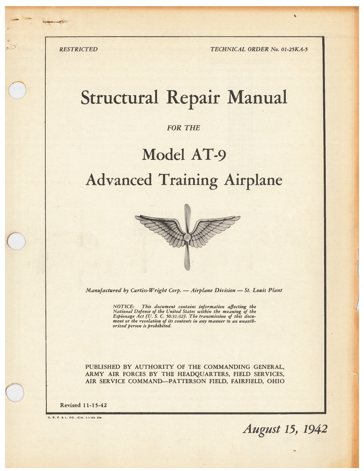 Sample page 1 from AirCorps Library document: Structural Repair Manual for the AT-9 Advanced Training Airplane