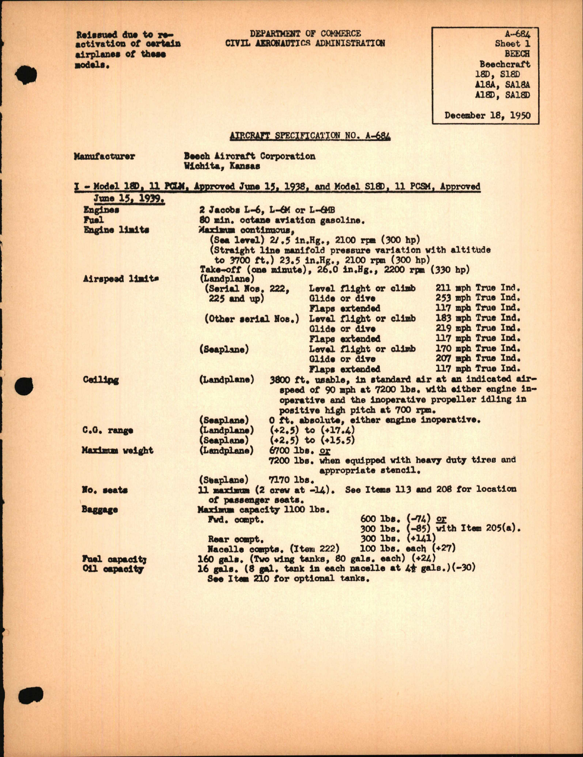 Sample page 1 from AirCorps Library document: 18D, S18D, A18A, SA18A, A18D, and SA18D