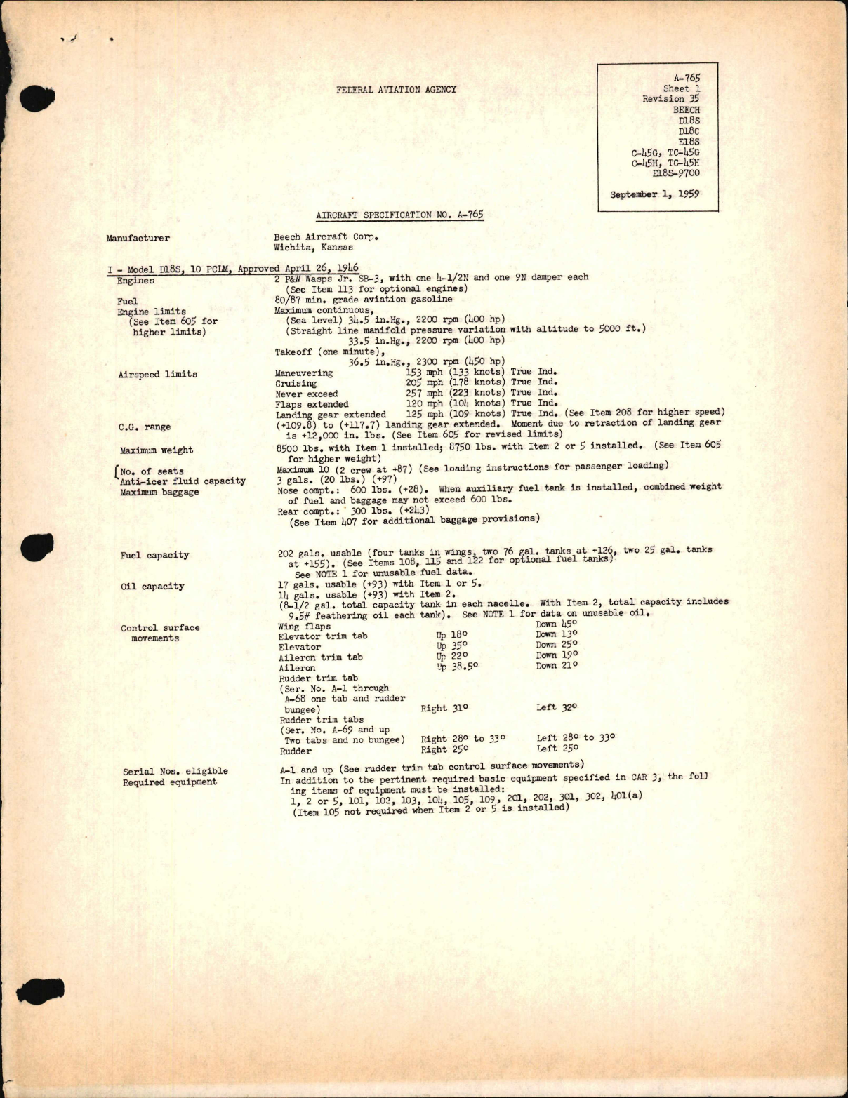 Sample page 1 from AirCorps Library document: D18S, D18C, E18S, C-45G, C-45H, TC-45G, TC-45H, and E18S-9700