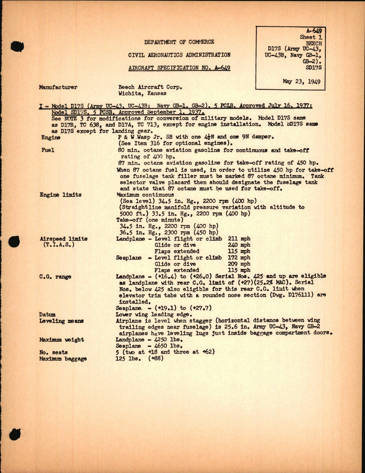 Sample page 1 from AirCorps Library document:  D17S, UC-43, UC-43B, GB-1, GB-2, and SD17S