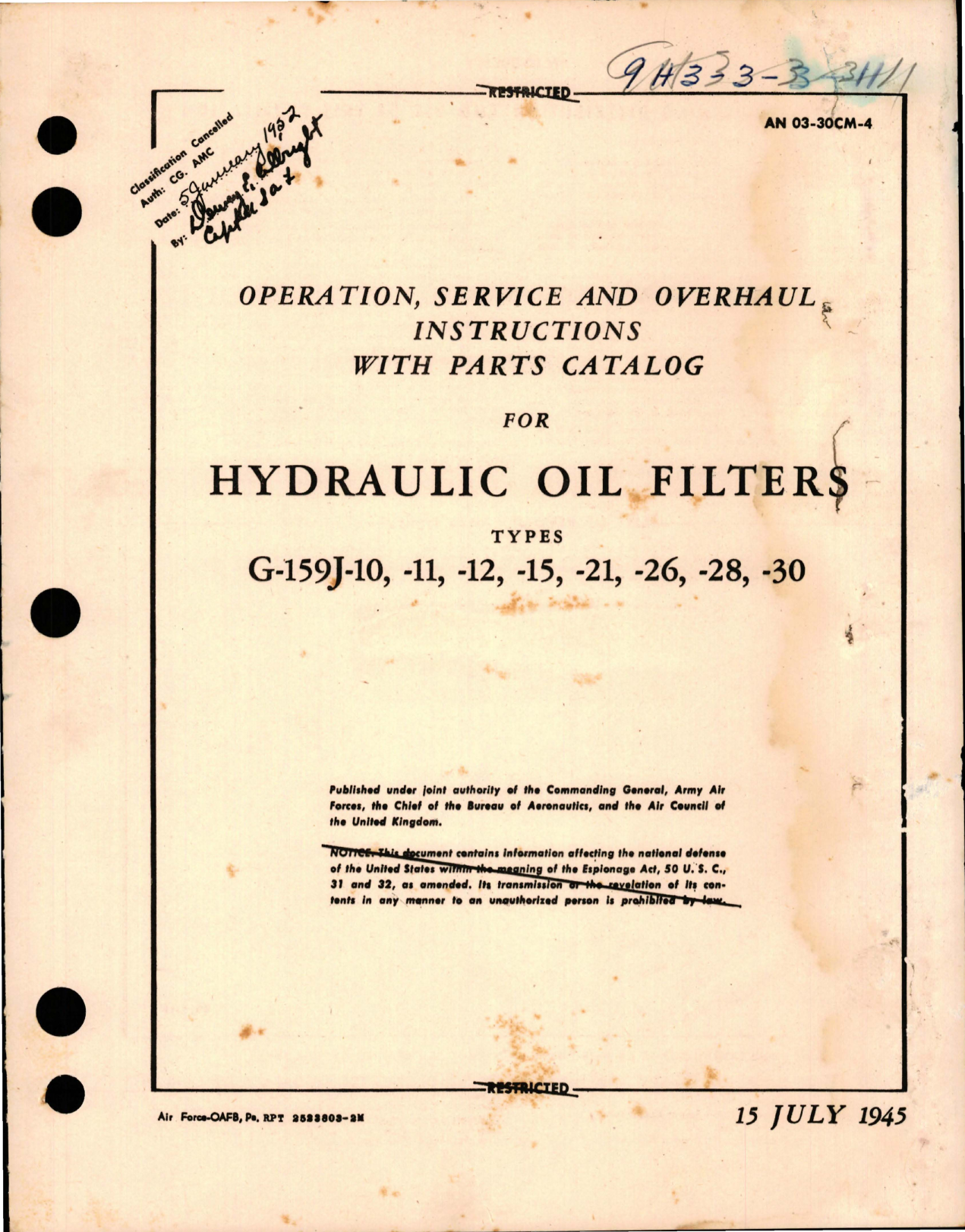 Sample page 1 from AirCorps Library document: Operation, Service and Overhaul Instructions with Parts Catalog for Hydraulic Oil Filters 
