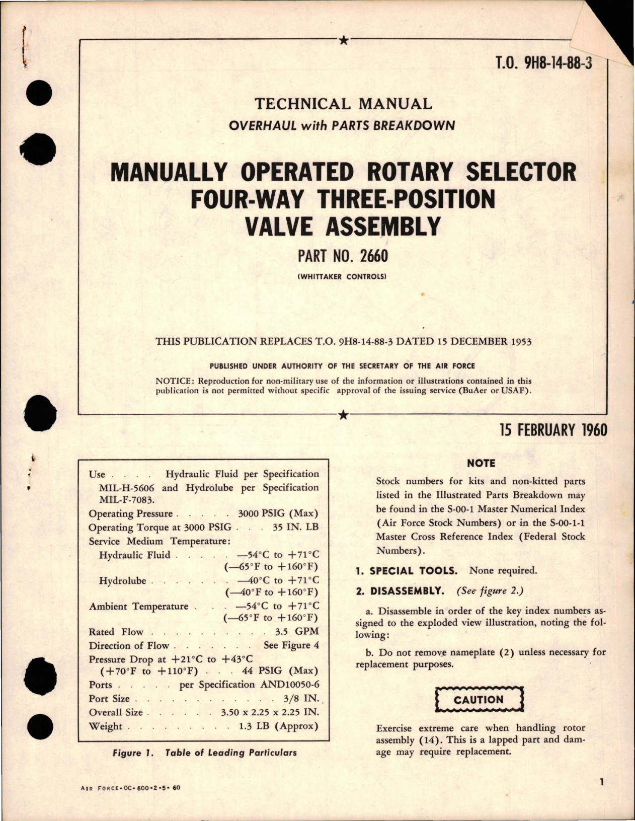 Sample page 1 from AirCorps Library document: Overhaul with Parts Breakdown for Manually Operated Rotary Selector Four-Way Three-Position Valve Assembly - Part 2660