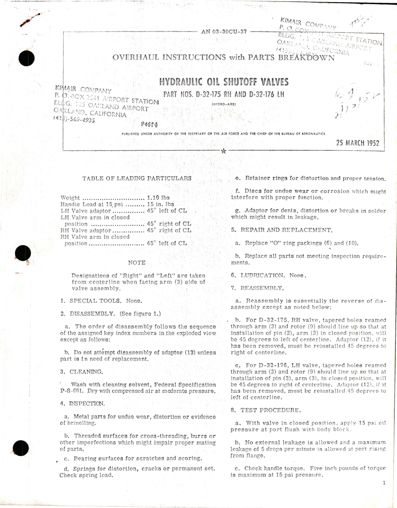 Sample page 1 from AirCorps Library document: Overhaul Instructions with Parts for Hydraulic Oil Shutoff Valves - Parts D-32-175 RH and D-32-176 LH