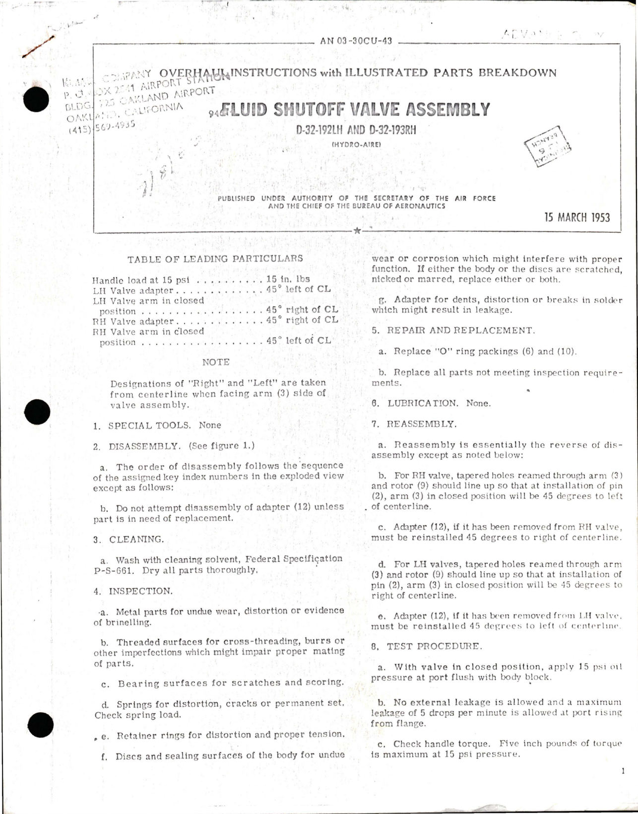 Sample page 1 from AirCorps Library document: Overhaul Instructions with Illustrated Parts Breakdown for Fluid Shutoff Valve Assembly - D-32-192LH and D-32-193RH