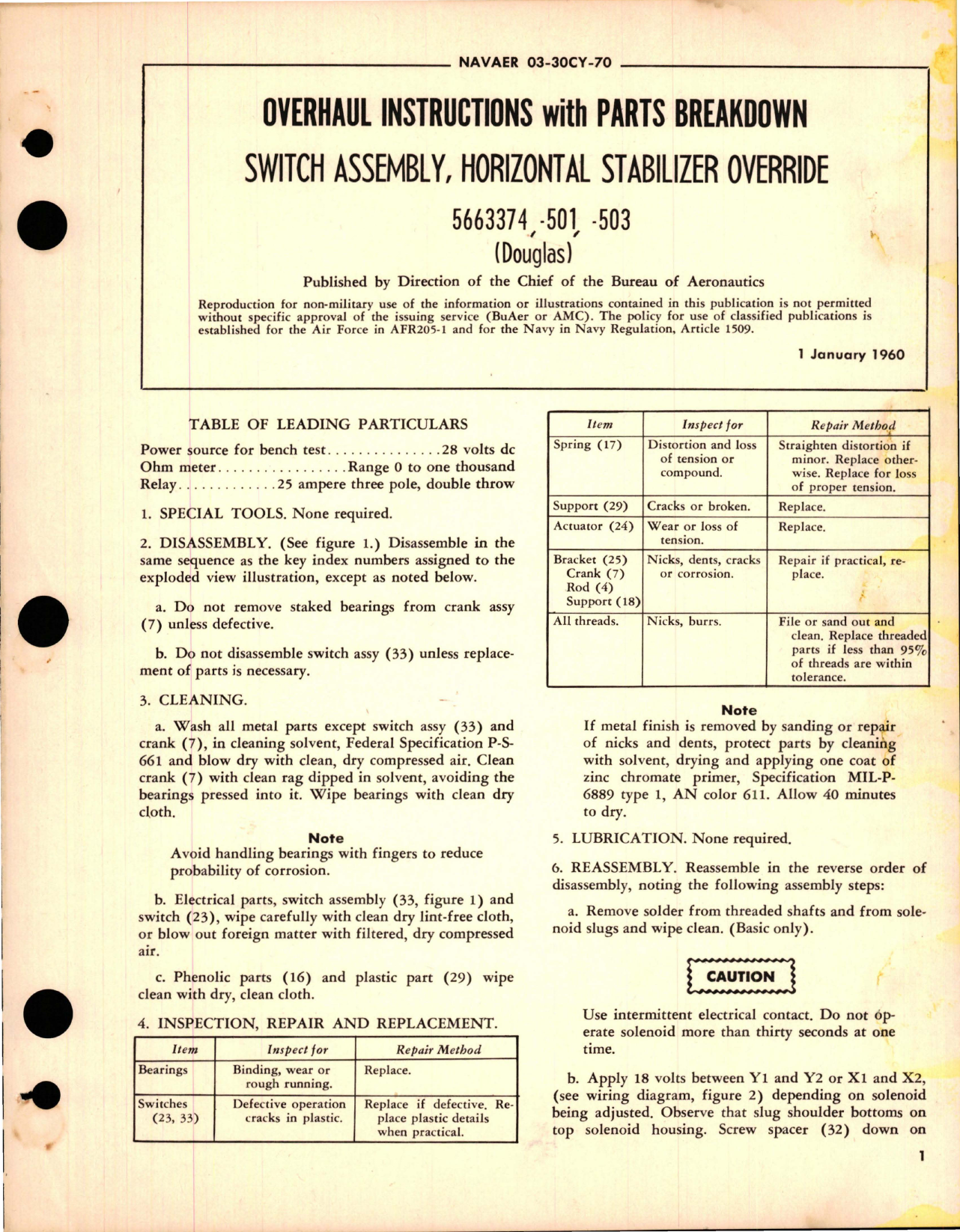 Sample page 1 from AirCorps Library document: Overhaul Instructions with Parts Breakdown for Horizontal Stabilizer Override Switch Assembly - 5663374-501 and 5663374-503