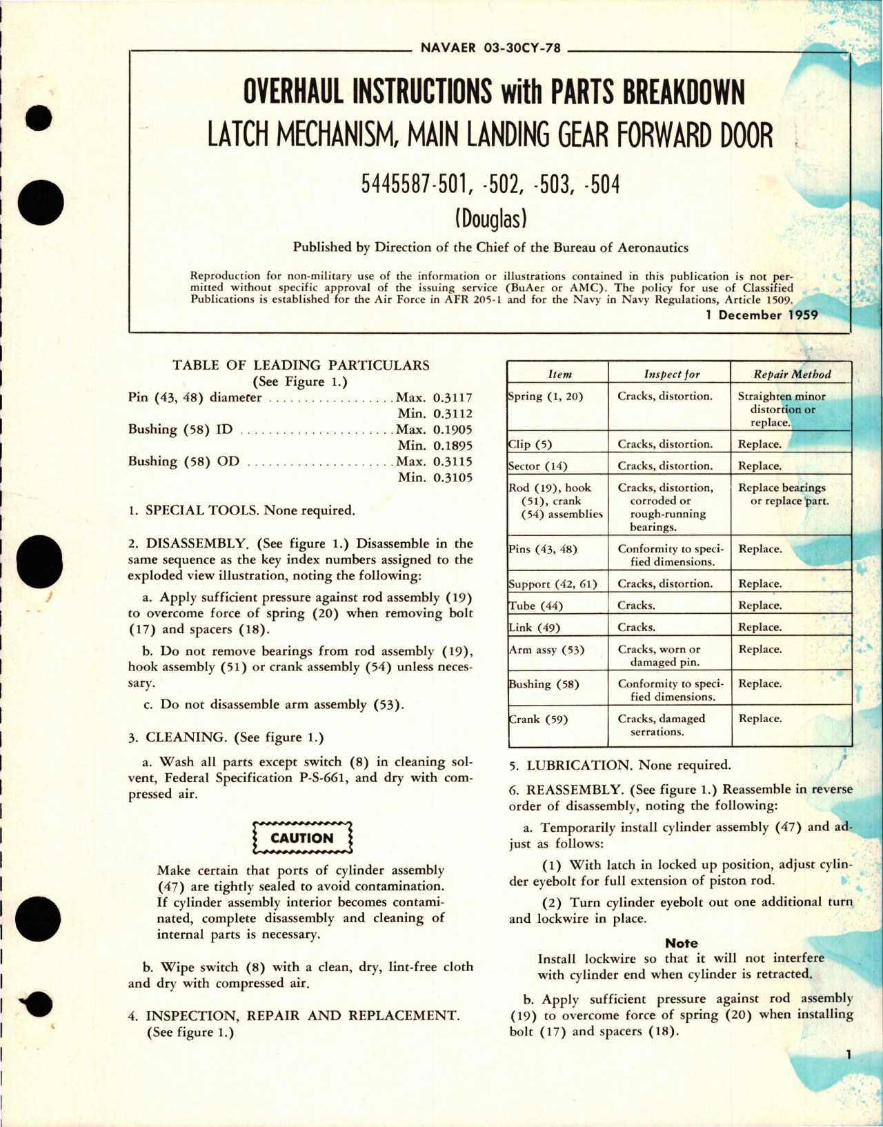 Sample page 1 from AirCorps Library document: Overhaul Instructions with Parts Breakdown for Main Landing Gear Forward Door Latch Mechanism - 5445587-501, 5445587-503, and 5445587-504