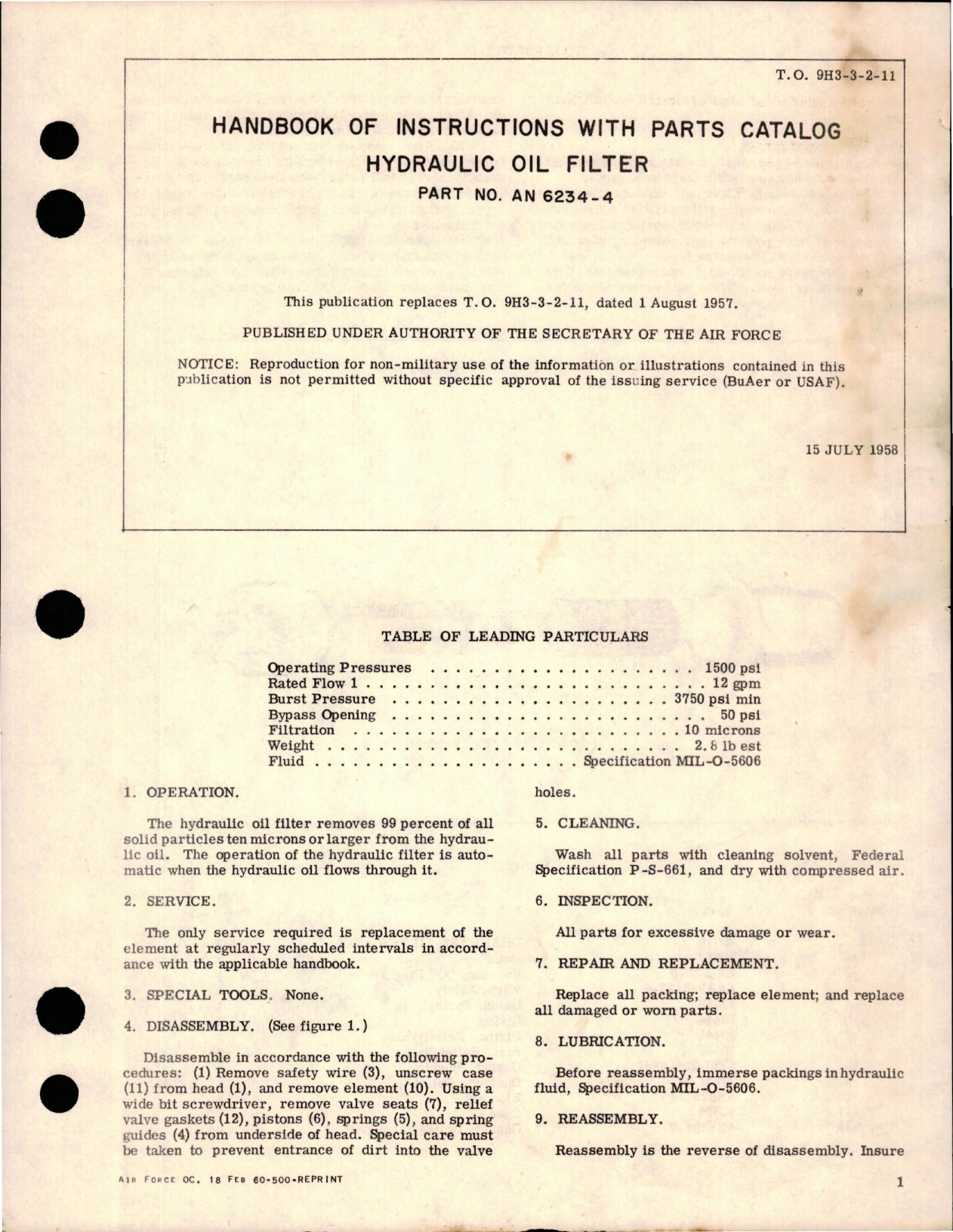 Sample page 1 from AirCorps Library document: Handbook of Instructions with Parts Catalog for Hydraulic Oil Filter - Part AN 6234-4