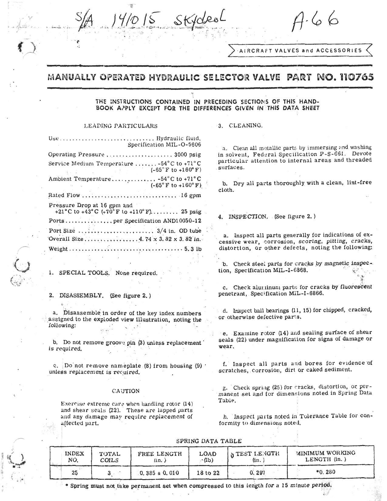 Sample page 1 from AirCorps Library document: Handbook of Instructions for Manually Operated Hydraulic Selector Valve - Part 110765