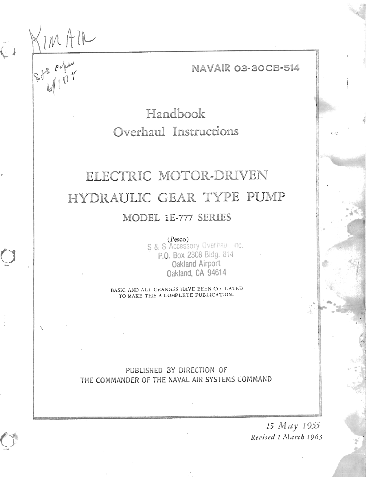 Sample page 1 from AirCorps Library document: Overhaul Instructions for Electric Motor Driven Hydraulic Gear Type Pump - Model 1E-777 Series