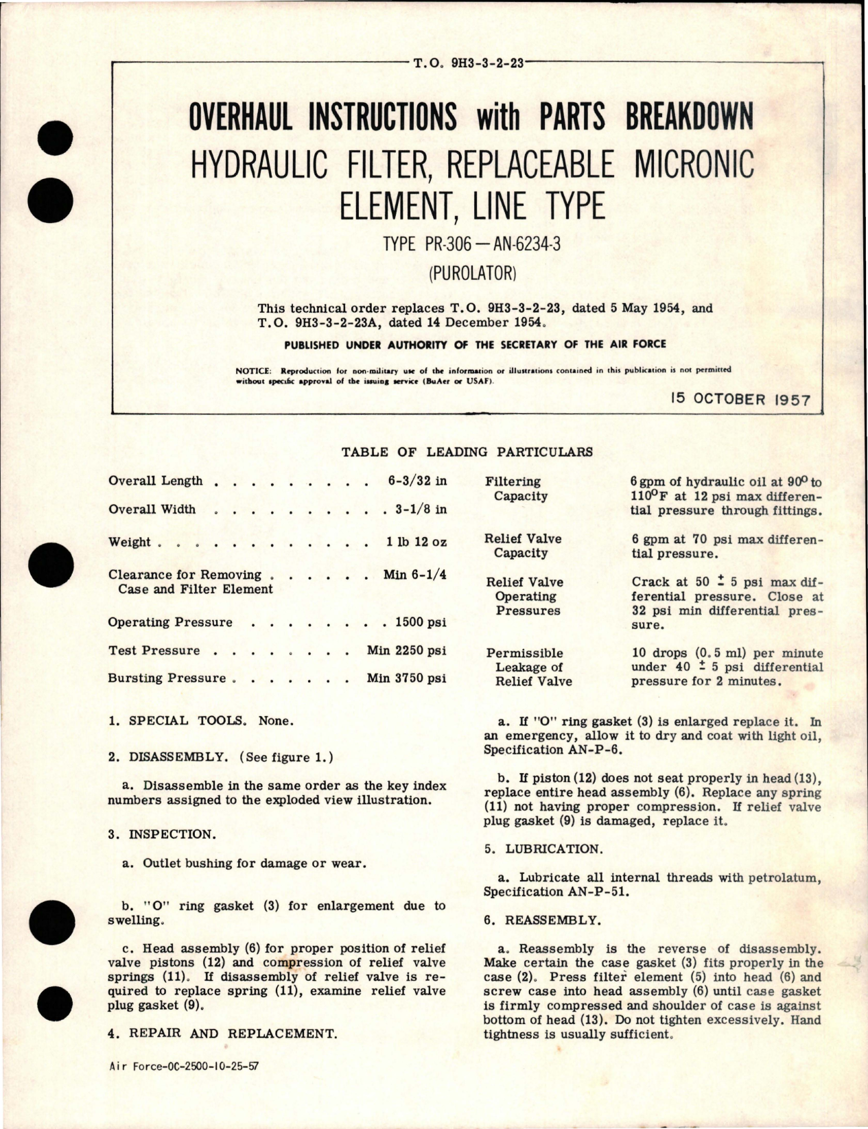 Sample page 1 from AirCorps Library document: Overhaul Instructions with Parts for Replaceable Micronic Element Line Type Hydraulic Filter - Type PR-306, AN-6234-3