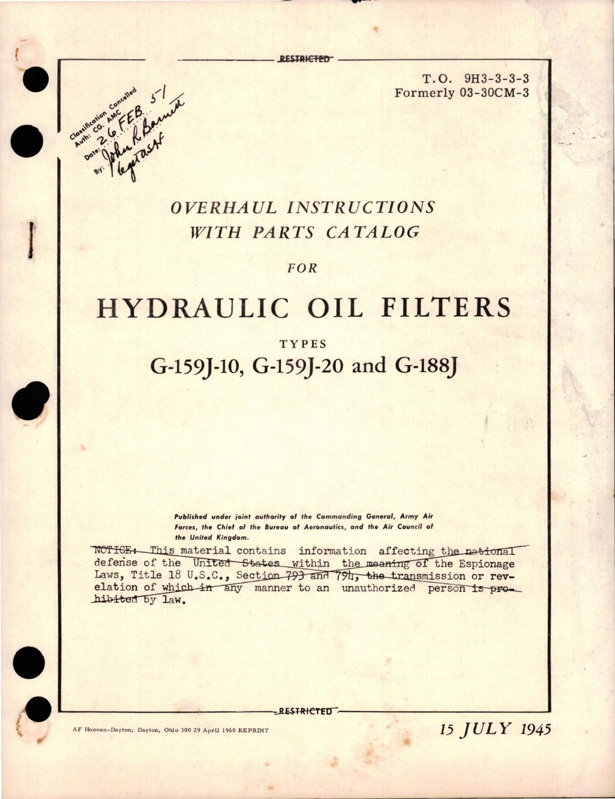 Sample page 1 from AirCorps Library document: Overhaul Instructions with Parts Catalog for Hydraulic Oil Filters - Types G-159J-10, G-159J-20 & G-188J