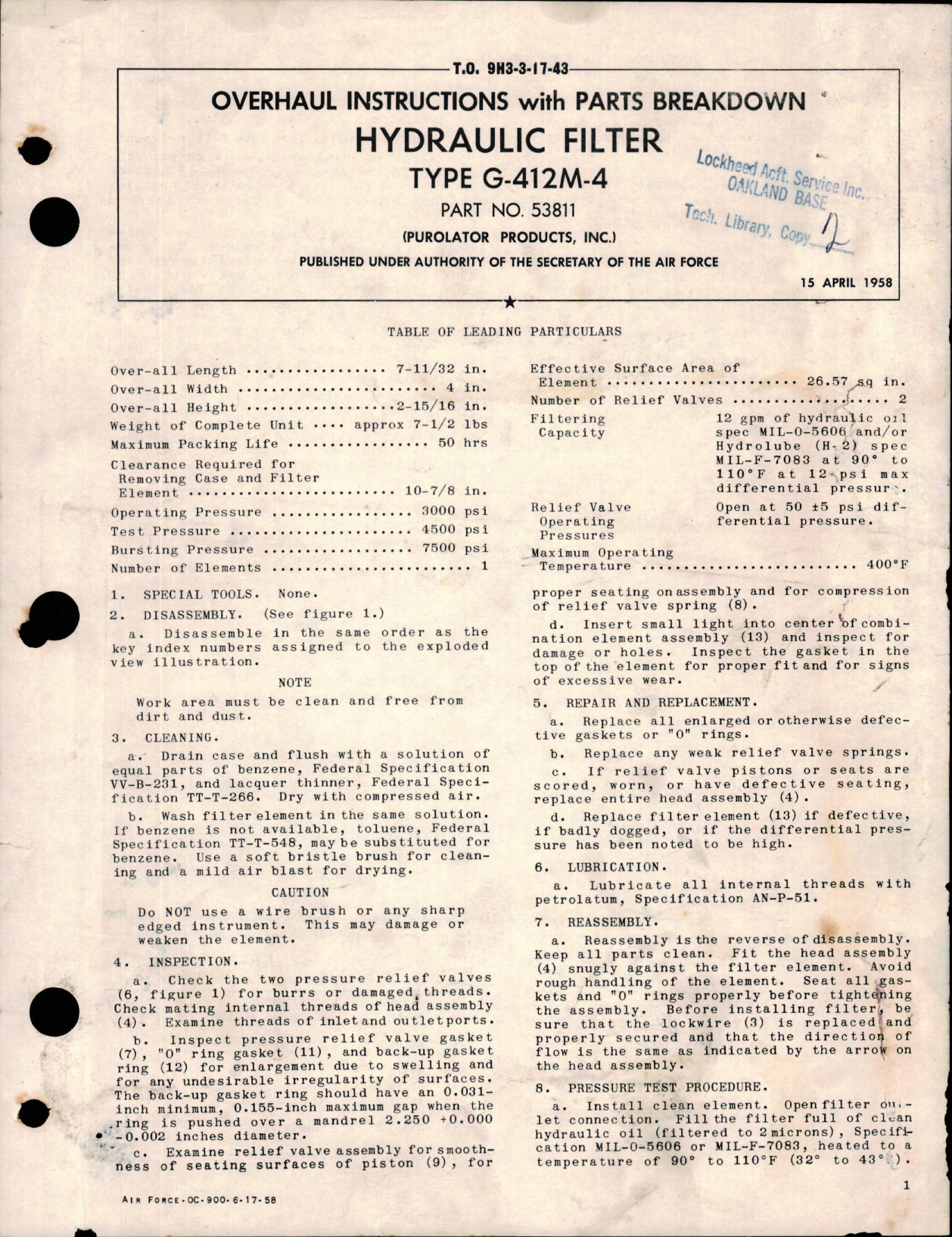 Sample page 1 from AirCorps Library document: Overhaul Instructions with Parts Breakdown for Hydraulic Filter - Type G-412M-4 - Part 53811