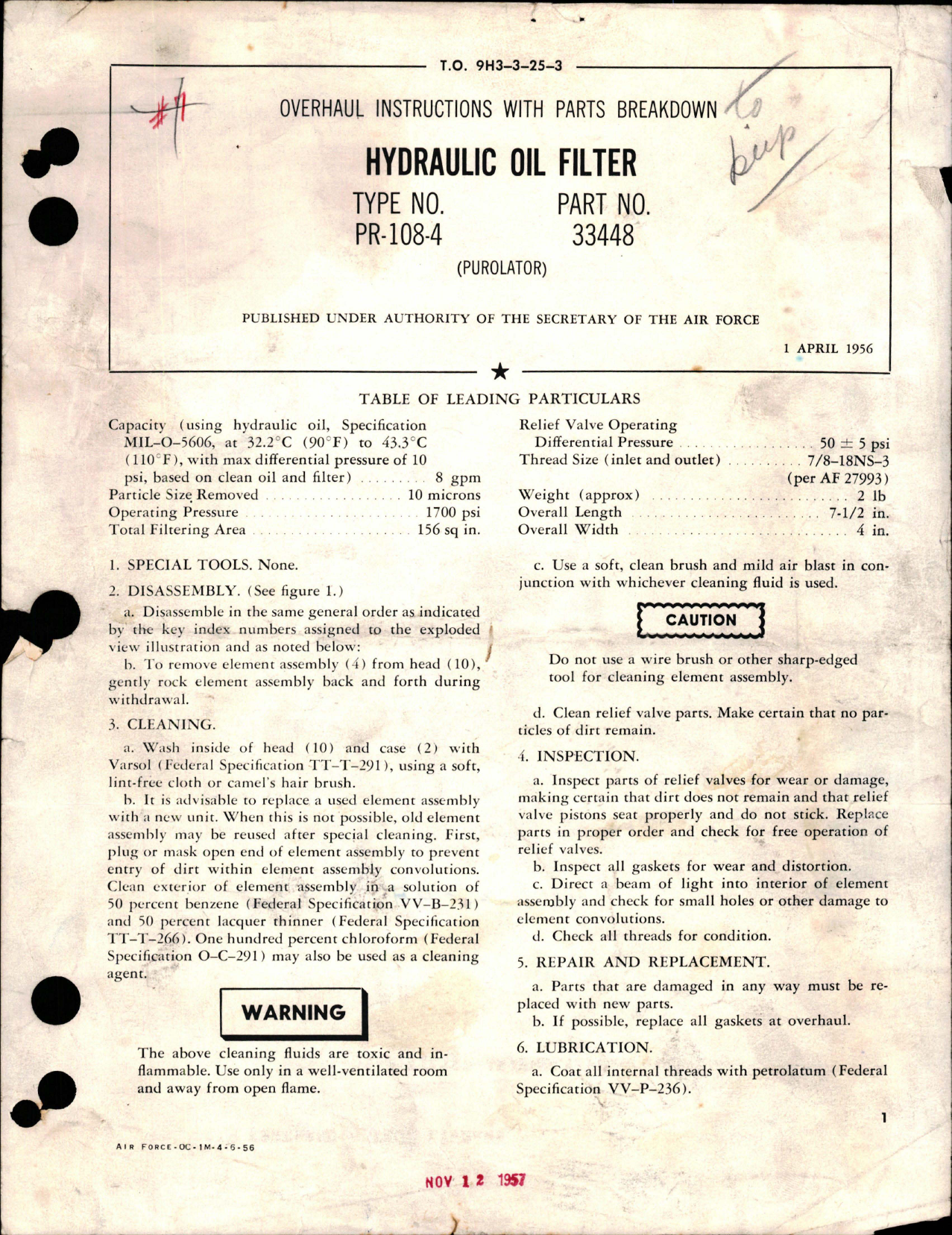 Sample page 1 from AirCorps Library document: Overhaul Instructions with Parts Breakdown for Hydraulic Oil Filter - Type PR-1084 - Part 33448