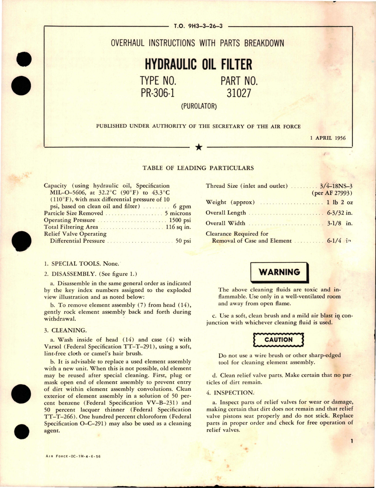 Sample page 1 from AirCorps Library document: Overhaul Instructions with Parts for Hydraulic Oil Filter - Type PR-306-1 - Part 31027 