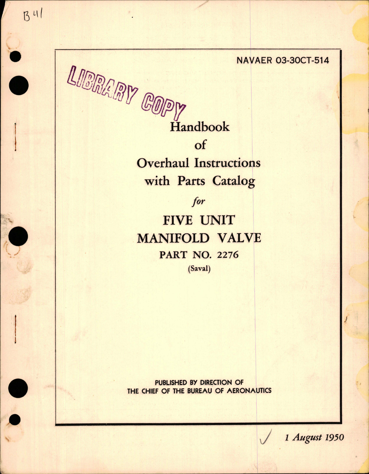 Sample page 1 from AirCorps Library document: Overhaul Instructions with Parts Catalog for Five Unit Manifold Valve - Part 2276
