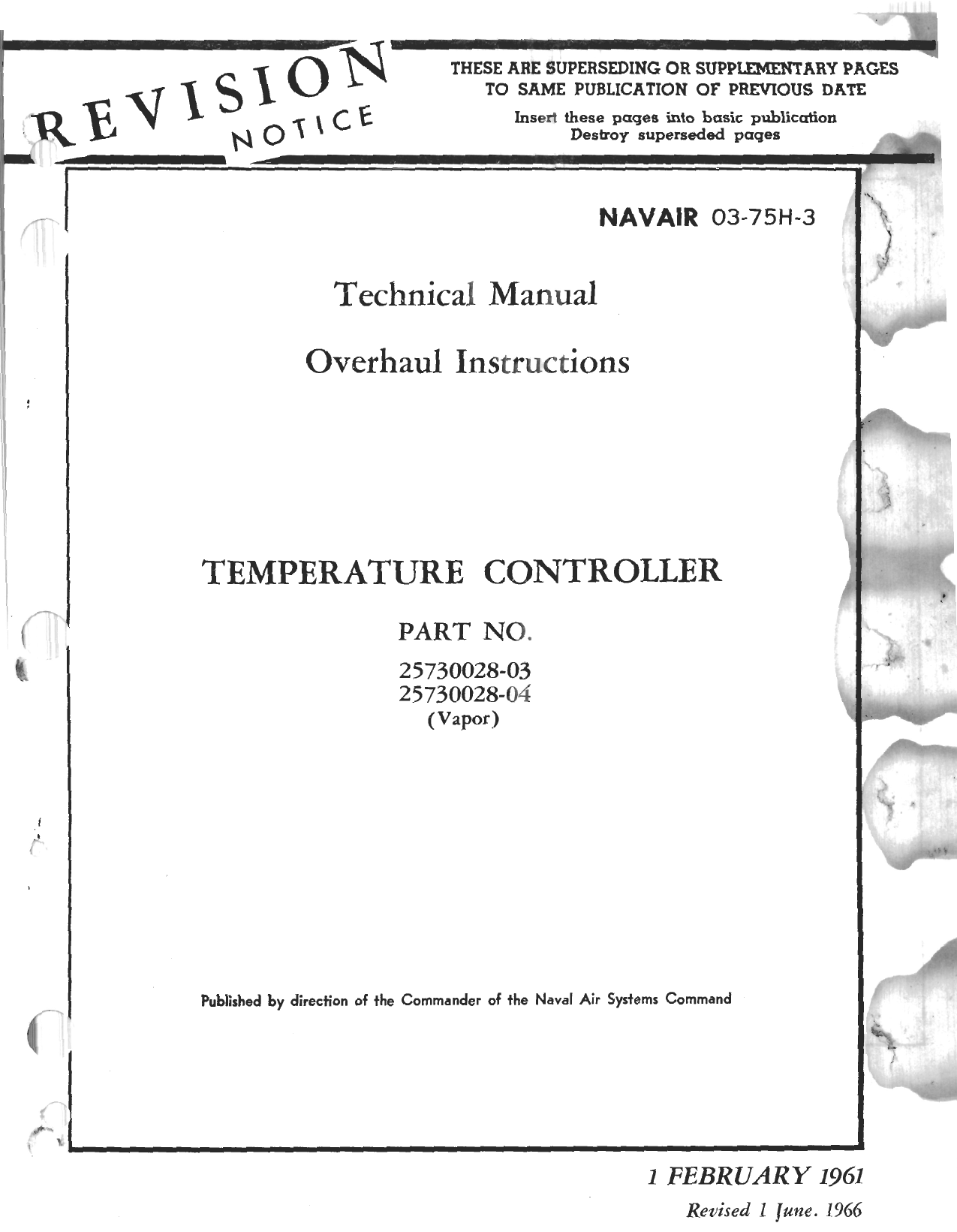 Sample page 1 from AirCorps Library document: Overhaul Instructions for Temperature Controller - Parts 25730028-03 and 25730028-04 