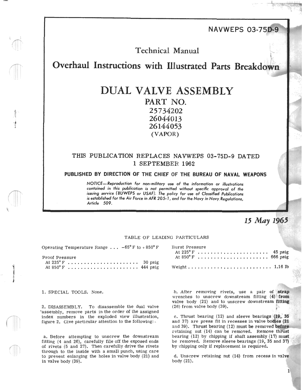 Sample page 1 from AirCorps Library document: Overhaul Instructions with Illustrated Parts Breakdown for Dual Valve Assy - Parts 25734202, 26044013, and 26144053
