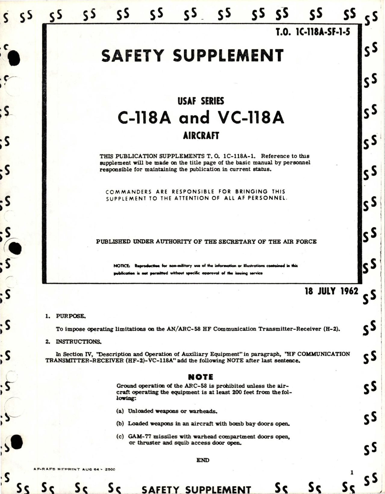 Sample page 1 from AirCorps Library document: Safety Supplement to Flight Manual for C-118A and VC-118A